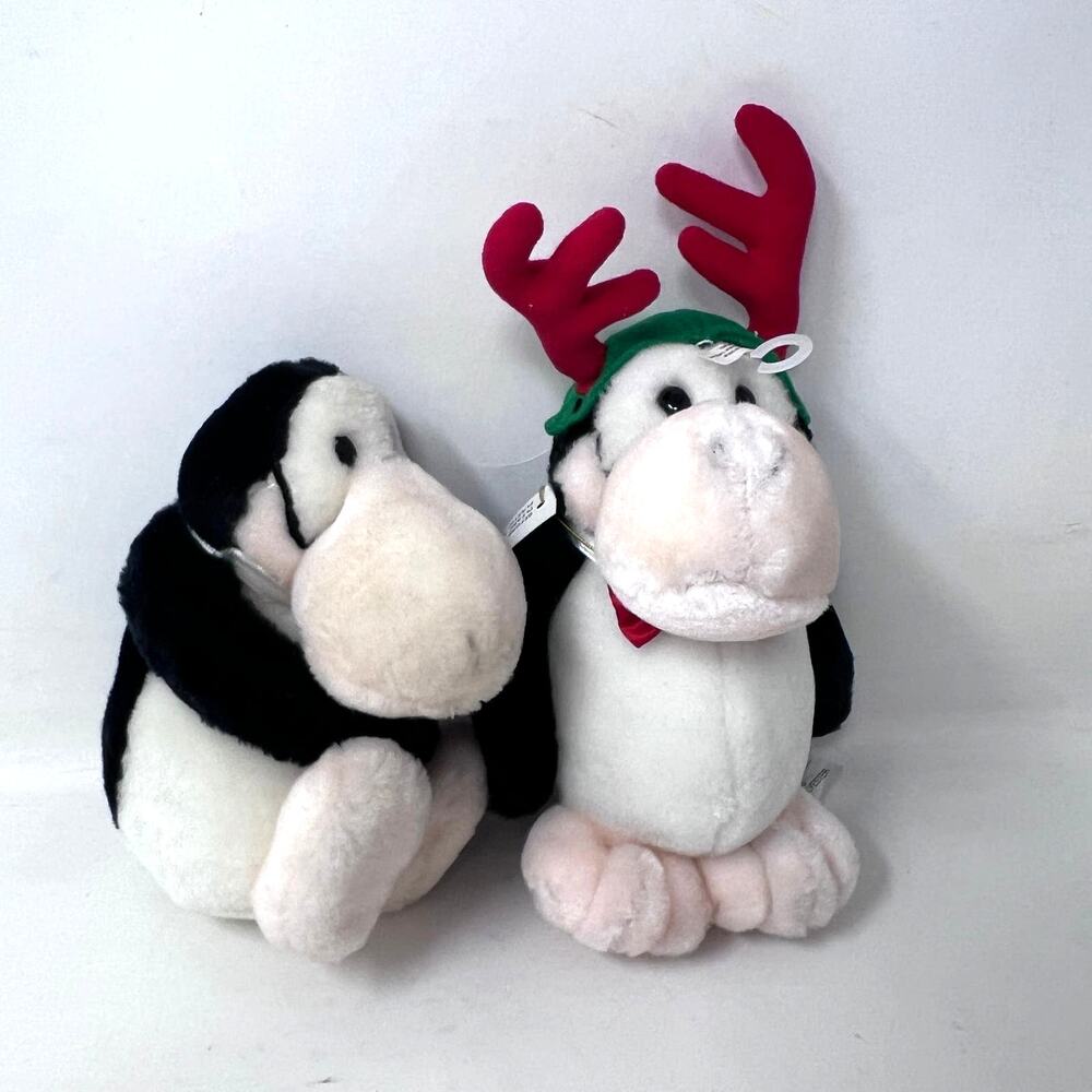 Bloom County Opus Plush Set‎ of 2 Reindeer Hat Antlers Bow Tie 6" Penguin VTG